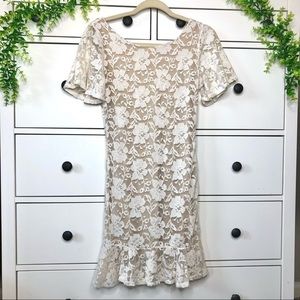 Lulus Solemio Nude & White Lace Overlay Puff Sleeve Bodycon Fitted Ruffle Dress